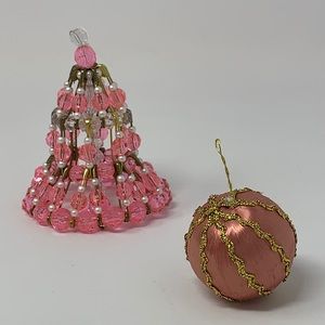 2 vintage Christmas tree ornaments decorations, bell & round decor, pins & beads